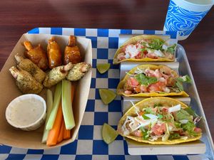 Lemon pepper/Mango BBQ wings and fish tacos at Happy Vegan in Fountain Valley
