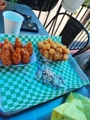 Buffalo chicken wings and tater tots at Happy Vegan in Fountain Valley