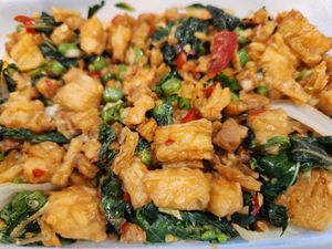 Fried Thai basil with soy protein and soy sheets so spicy and tasty!! at GREEN & SUNNY in Bangkok