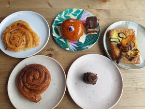 Bacon+cheese scroll, Creme brulee donut, Opera cake, Zucchini danish, Garlic cheese scroll, Tim tam brownie at Miss Sina in Marrickville