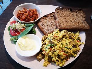 Farmer Scramble with a side of Baked Beans at Miss Sina in Marrickville