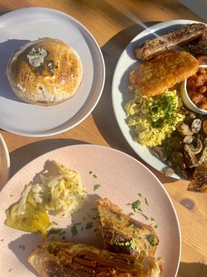 Toastie (bottom) big breaky (top) and passion fruit creme brûlée doughnut   at Miss Sina in Marrickville