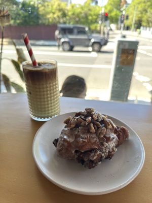 Pistachio oat latte, banana and pecan fritter   at Miss Sina in Marrickville