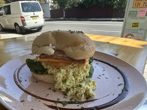 Bacon and egg roll with hash brown   at Miss Sina in Marrickville