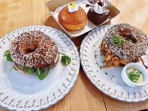 Truffle Mushroom Bagel & Buffalo Chicken Bagell  at Miss Sina in Marrickville