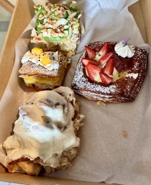 OG Cinnamon Scroll, Pandan Coconut Bun, Mango Sticky Rice Danish, Strawberry Danish  at Miss Sina in Marrickville
