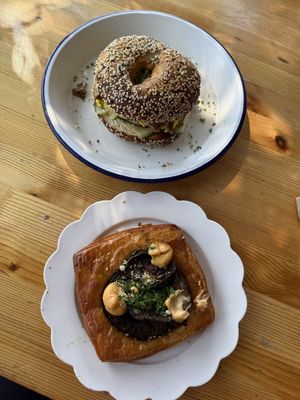 The Korean breakfast bagel and the Mediterranean eggplant danish.  at Miss Sina in Marrickville