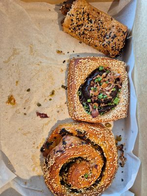Lunar new year specials: Kimchi sausage roll $9: so good!; Eggplant danish $9.50: yum, great texture; Scallion chilli scroll $11: crispy, delicious! at Miss Sina in Marrickville