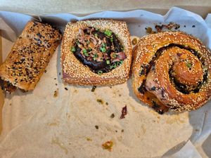 Kimchi sausage roll $9.00: good; Scallion chilli scroll $11.00: crispy, good taste; Eggplant danish $9.50: yum! (All from Jan Lunar New Year menu) at Miss Sina in Marrickville