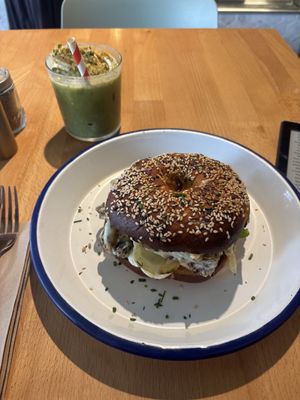Philly cheese bagel and pistachio matcha latte   at Miss Sina in Marrickville