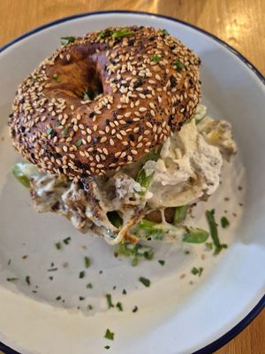 Philly cheesesteak bagel $20.00: ok only tasted of capsicum, cheese looked like cream cheese rather than melty cheese at Miss Sina in Marrickville