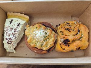 Banoffee pie $12: delicious! not too sweet; Moussaka danish $14: love it; Greek savoury scroll $11: nice enough at Miss Sina in Sydney