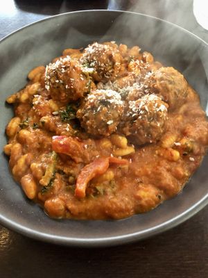Vegan meatballs and pasta with a tomato, kale and pepper sauce  at 1530 The Restaurant in Hope Valley