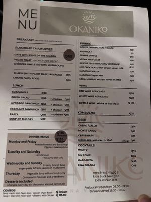 Menu Nov 2024  at Okaniko Restaurant in Santa Cruz La Laguna