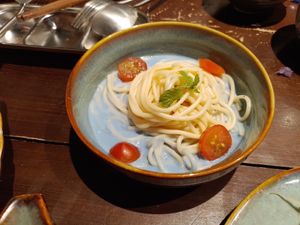 Spaghetti With "Butterfly Pea Flower" Dressing. at Cai Mam Bistro - Signature Vegan in Hanoi