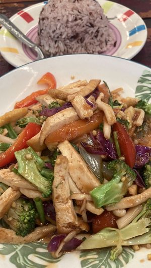 Tofu and fried veggies with rice!  at 17 Vegetarian Food Stall in Koh Phangan