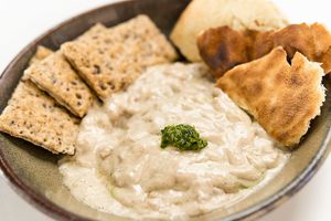 Masabaha with pita and home-made gluten-free crackers at Beyond Falafel in Quarteira