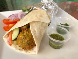 Falafel Wrap with hot paste and fenugreek sauce at Beyond Falafel in Quarteira