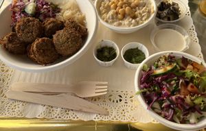 Falafel plate without bread and masabaha  at Beyond Falafel in Quarteira