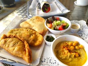 Pita, sambuseks, hummus, salad and wrap at Beyond Falafel in Quarteira