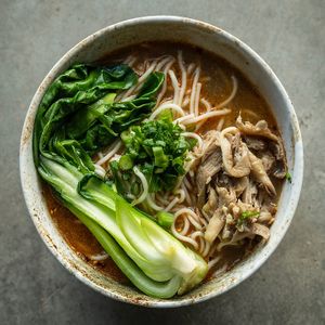Slightly spicy creamy broth, with bok choy, mushrooms and spring onion at Yasai Ramen in Lisbon