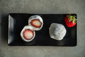 Rice mochi, Azuki bean paste and seasonal fruit at Yasai Ramen in Lisbon