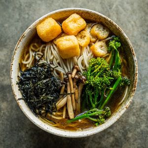 Soy based based with tofu puffs, brocollini, mushrooms and shredded noori at Yasai Ramen in Lisbon