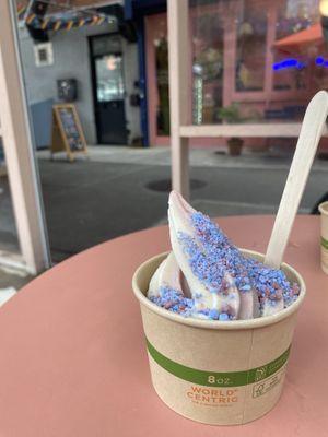 strawberry horchata twist soft serve with cotton candy crumbles  at Dreamery in Brooklyn