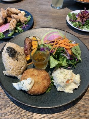 Vegan chaya plate with a croquette and soy karaage at Chaya Macrobiotics - Shiodome in Tokyo