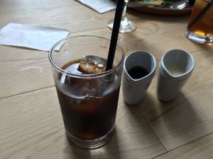 Cold brewed coffee with soy milk and sweetener at Chaya Macrobiotics - Shiodome in Tokyo