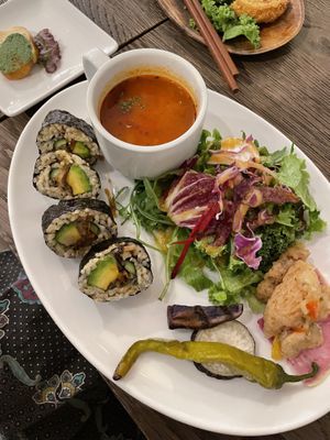 Soy meat sushi rolls, Minestrone soup, salad and greens, soy meat  at Chaya Macrobiotics - Shiodome in Tokyo