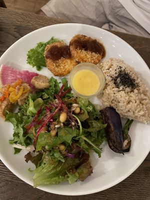 Main & salad deli plate with the option of tofu (the fried circles in the top)  at Chaya Macrobiotics - Shiodome in Tokyo