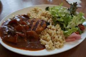 Tofu Veggie Burg & Mushroom Hayashi Rice 1339yen. at Chaya Macrobiotics - Shiodome in Tokyo