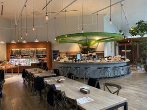 Interior and breakfast buffet at Chaya Macrobiotics - Shiodome in Tokyo