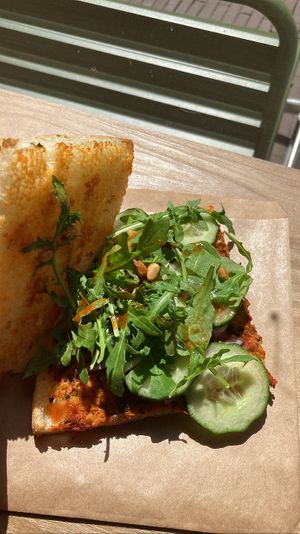 Focaccia with hummus and veggies  at Super Bros. in Utrecht