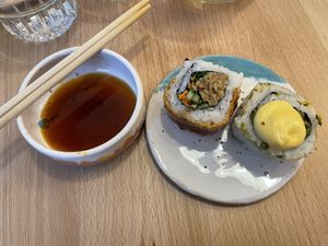 Smoked fish and pistachio sushi  at CUDO in Wroclaw