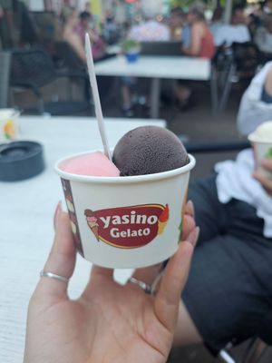 Strawberry and dark chocolate sorbet at IJssalon Yasino in Burgh-haamstede