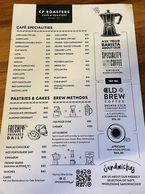 Speisekarte  at C&P Craft Coffee Roasters in Mossel Bay