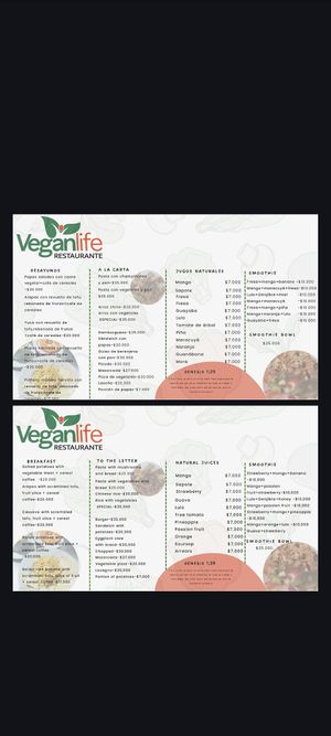 Menu Spanisch & English at Vegan Life Restaurante in Guachaca