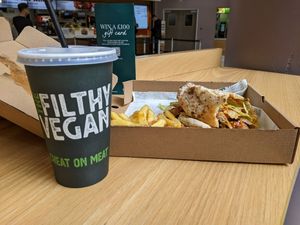 Half eaten vegan kebab and fries at The Filthy Vegan in Nottingham