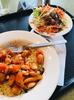 Bean & squash stew with couscous and a salad (great VFM) at Mary Ward Centre Cafe in London