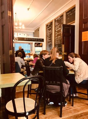 Walk through the tables to the counter to choose your meal at Mary Ward Centre Cafe in London
