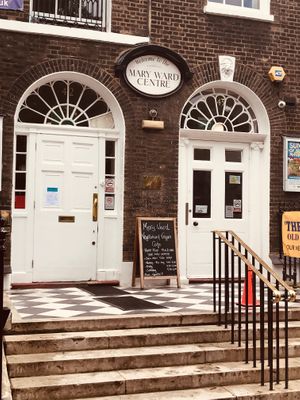 Some steps up to the door at Mary Ward Centre Cafe in London