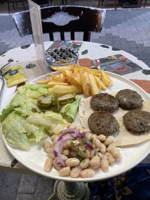 Meat balls with salad and chips. Pickled cabbage was missing.   at Salve Kadıköy in Istanbul