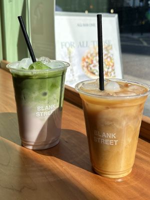 Blueberry matcha + iced americano , both with oat milk.  at Blank Street Coffee - Charlotte St. in London