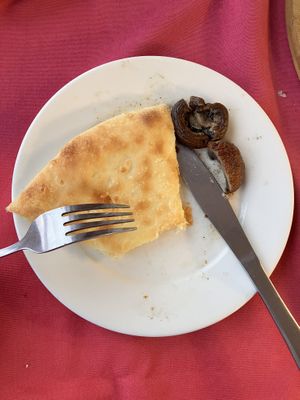 Imeretian Khachapuri and mushrooms in pottery   at Terrace Panorama in Sighnaghi