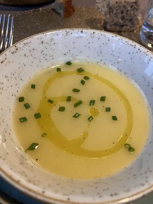 Leek creamy soupr cream  at Aidin Restaurant in Canazei