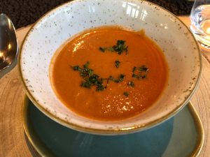 Tomato and apricot gazpacho   at Aidin Restaurant in Canazei