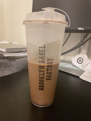 Iced mocha with oat milk  at Brooklyn Bagel Factory in Cambridge