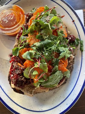 Fermented veggie toast + hot sauce  at Analog Coffee in Seattle